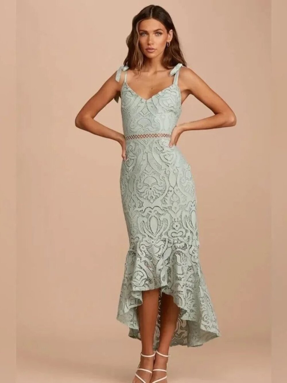 Lulus Won Your Heart Sage Green Lace Tie-Strap High-Low Midi Dress